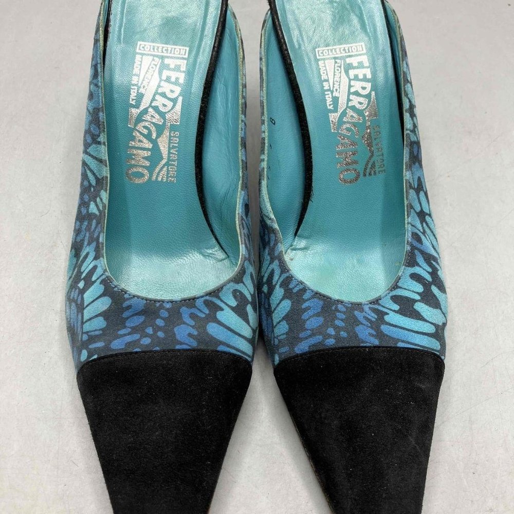 Salvatore Ferragamo Satin Mule Heel | Peacock Print | Cap Toe | Size 9B